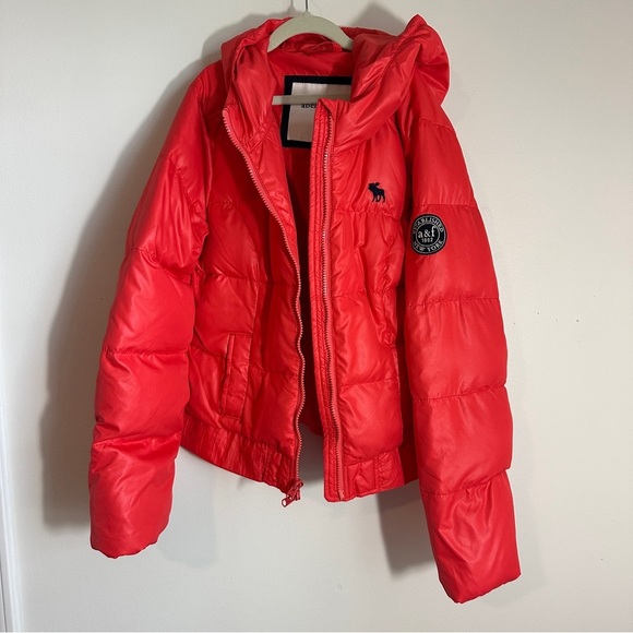 Abercrombie Fitch Kids Puffer Jacket Large Orange Hoodie Full Zip - Picture 2 of 10